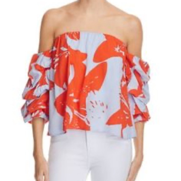 Bardot Women's Floral Print Off Shoulder Crop Top Blue Red Size 6 - Picture 1 of 9